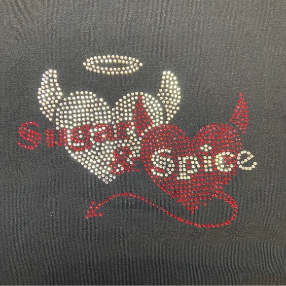 Garage Y2K Cropped Rhinestone Baby Tee Sugar & Spice Angel & Devil Black XS NEW - Picture 3 of 9